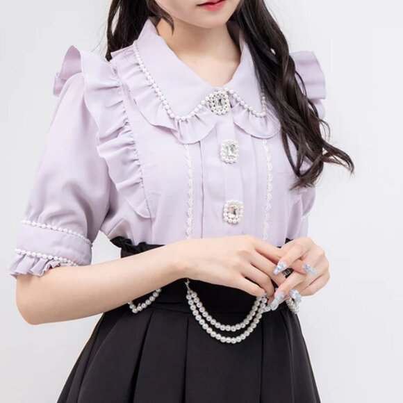 Dear My Love Purple Lavender Pearl Collar Gemstone Ruffle Blouse - Picture 2 of 4